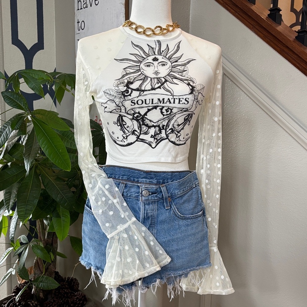 Soulmates Graphic Crop Top with Sheer Polka Dot Mesh Sleeves ✨